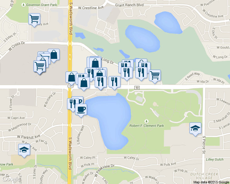 map of restaurants, bars, coffee shops, grocery stores, and more near 8026 West Bowles Avenue in Littleton