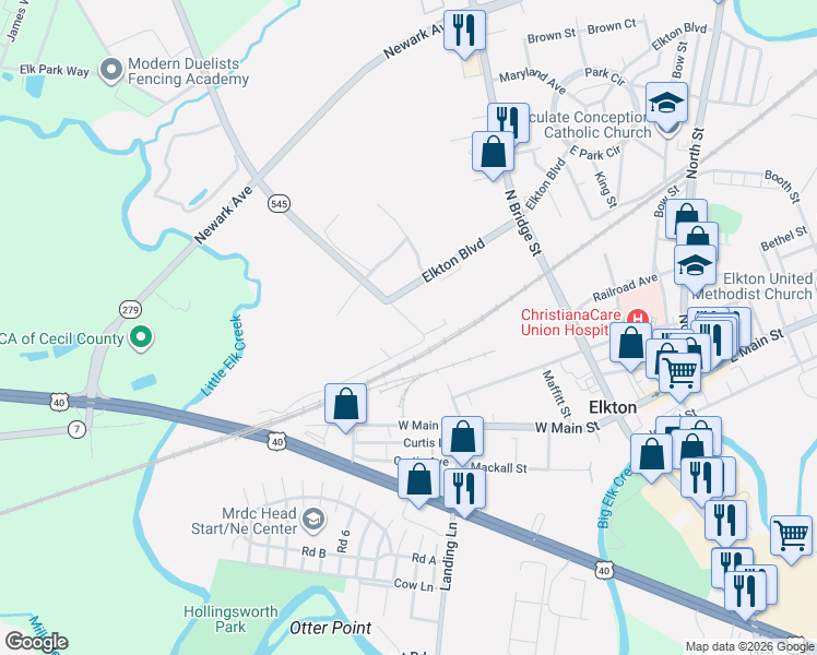 map of restaurants, bars, coffee shops, grocery stores, and more near 19 Bratton Road in Elkton
