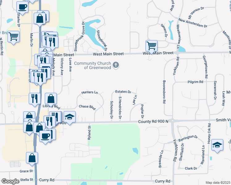 map of restaurants, bars, coffee shops, grocery stores, and more near 375 Schooley Drive in Greenwood