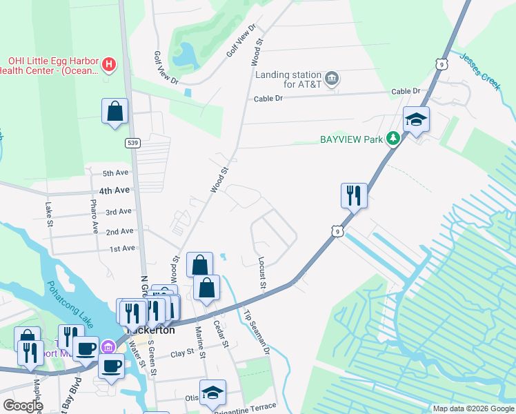 map of restaurants, bars, coffee shops, grocery stores, and more near 37 Portsmouth Lane in Tuckerton