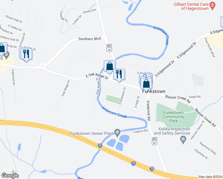 map of restaurants, bars, coffee shops, grocery stores, and more near 47 West Maple Street in Hagerstown