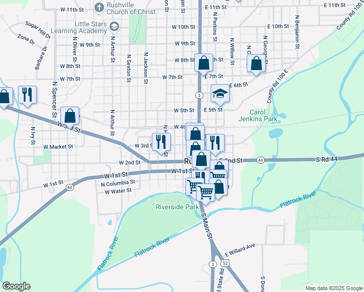 map of restaurants, bars, coffee shops, grocery stores, and more near in Rushville
