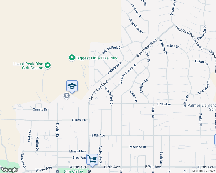 map of restaurants, bars, coffee shops, grocery stores, and more near 5975 Middle Fork Drive in Sun Valley