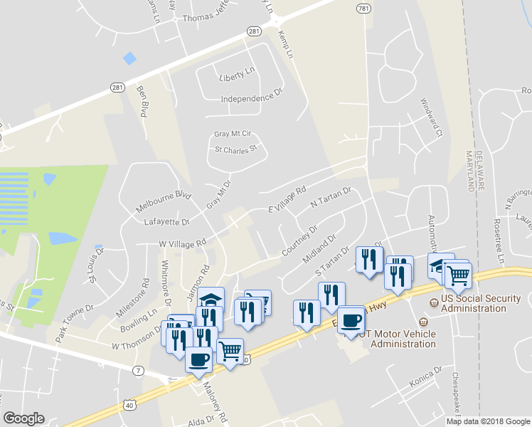 map of restaurants, bars, coffee shops, grocery stores, and more near 171 East Village Road in Elkton