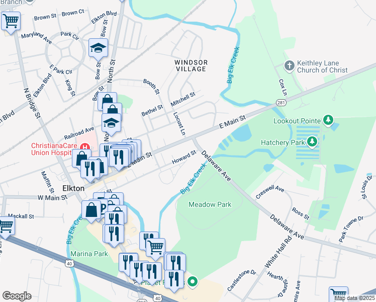 map of restaurants, bars, coffee shops, grocery stores, and more near 233 Howard Street in Elkton