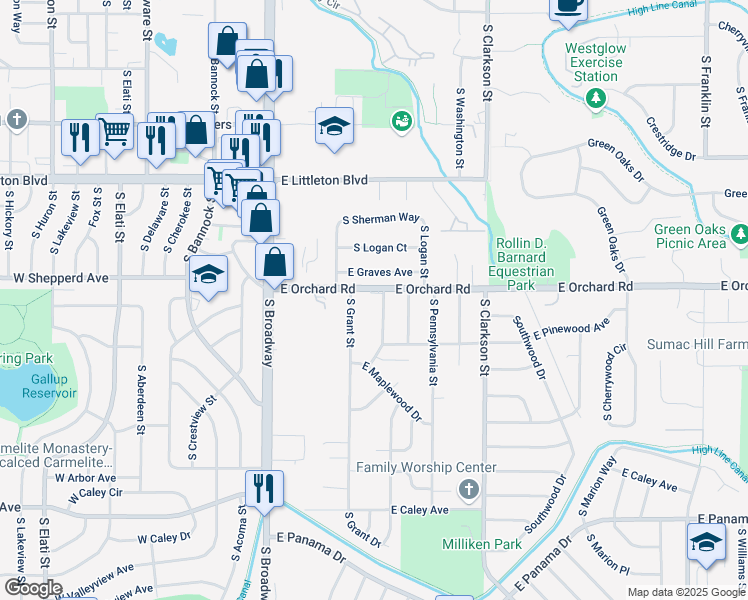map of restaurants, bars, coffee shops, grocery stores, and more near 350 East Orchard Road in Centennial