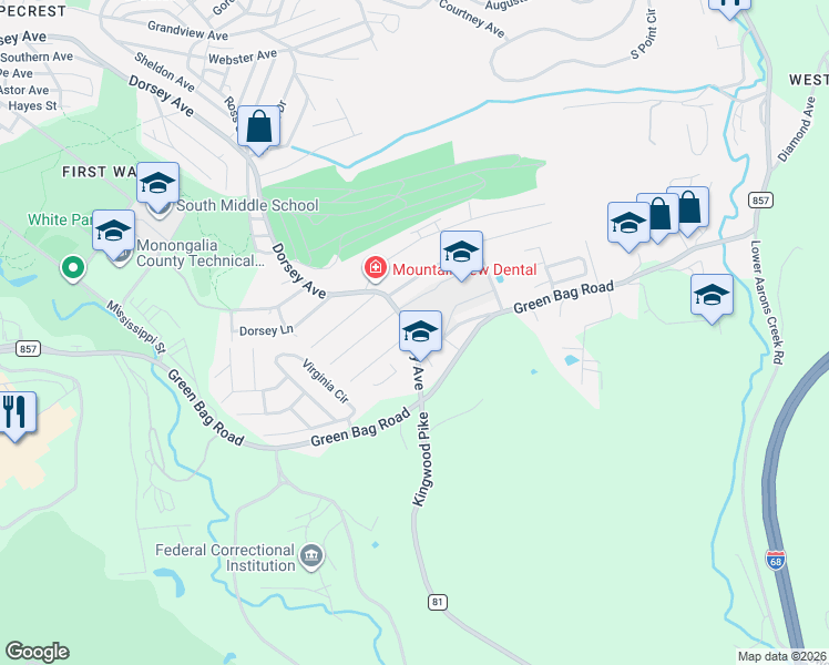 map of restaurants, bars, coffee shops, grocery stores, and more near 1302 Parkway Drive in Morgantown