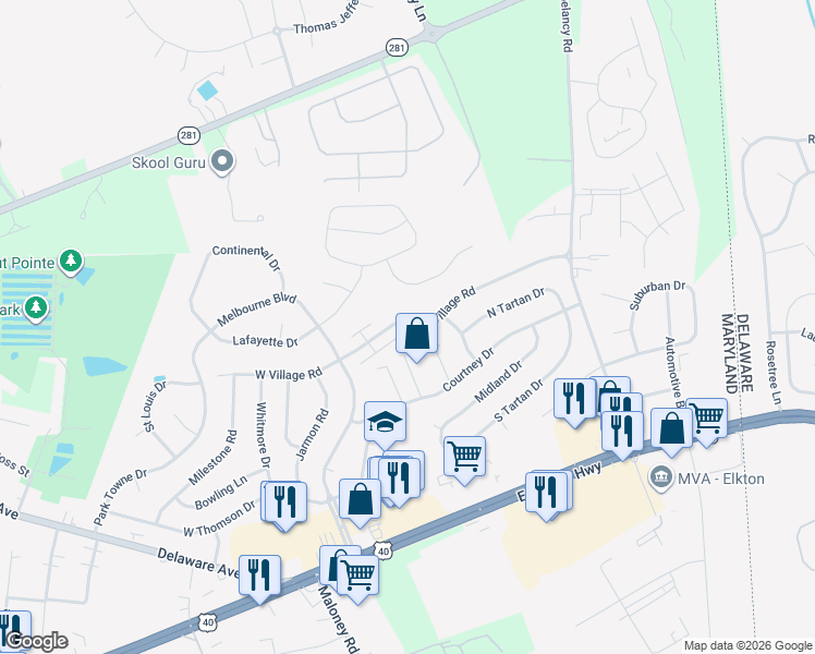 map of restaurants, bars, coffee shops, grocery stores, and more near 171 East Village Road in Elkton