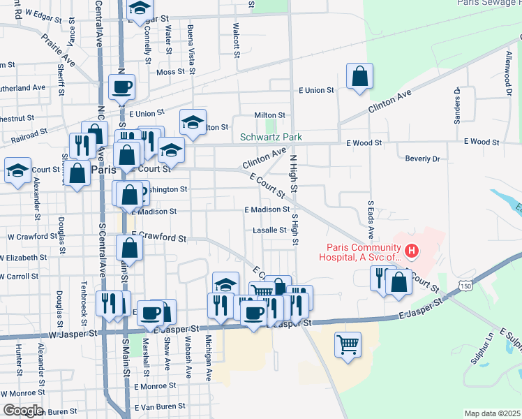 map of restaurants, bars, coffee shops, grocery stores, and more near 500 East Madison Street in Paris