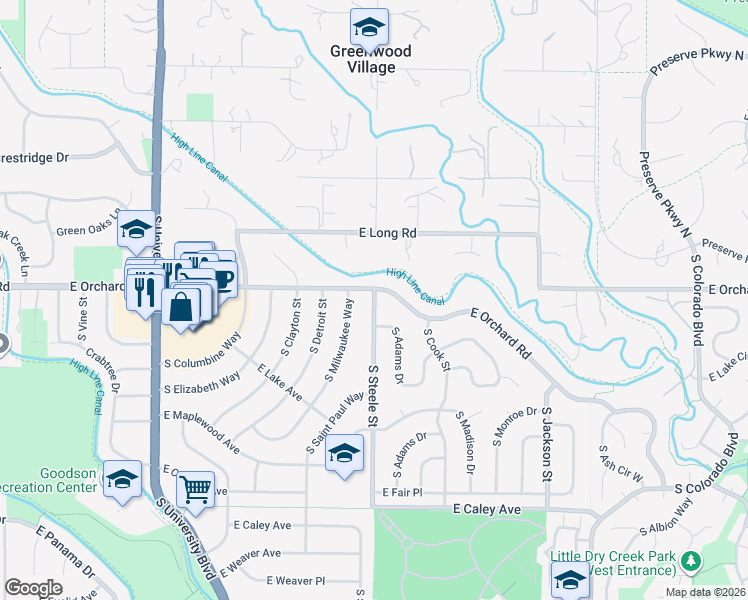 map of restaurants, bars, coffee shops, grocery stores, and more near South Steele Street in Littleton