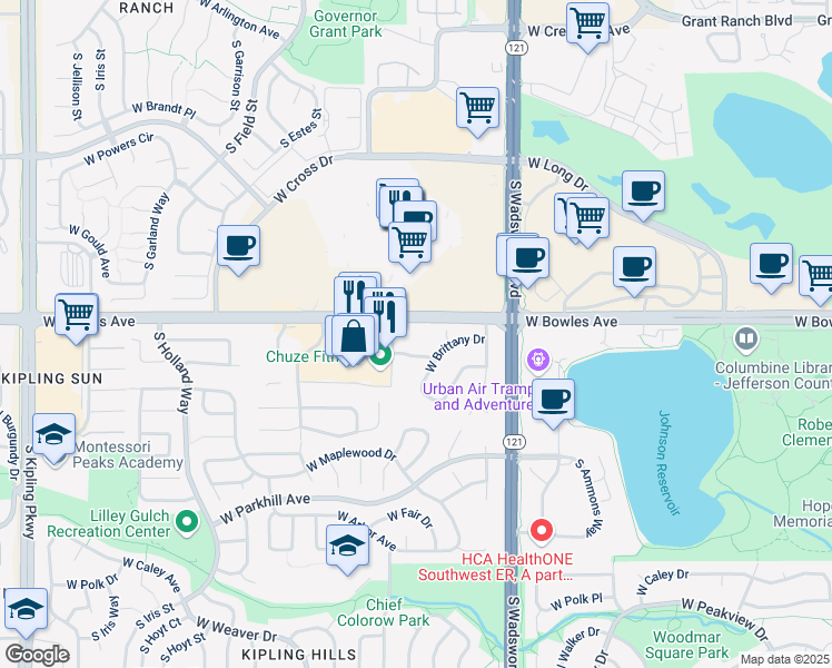 map of restaurants, bars, coffee shops, grocery stores, and more near 8611 West Brittany Drive in Littleton