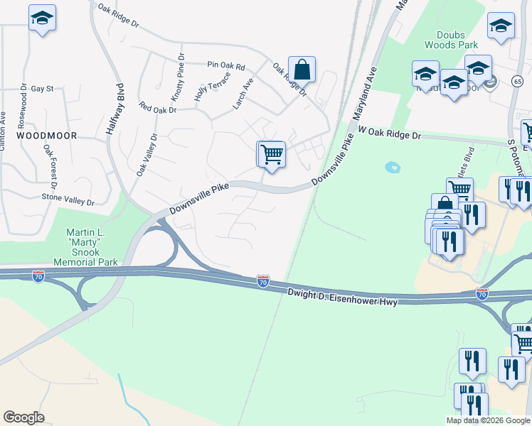map of restaurants, bars, coffee shops, grocery stores, and more near Putter Drive in Hagerstown