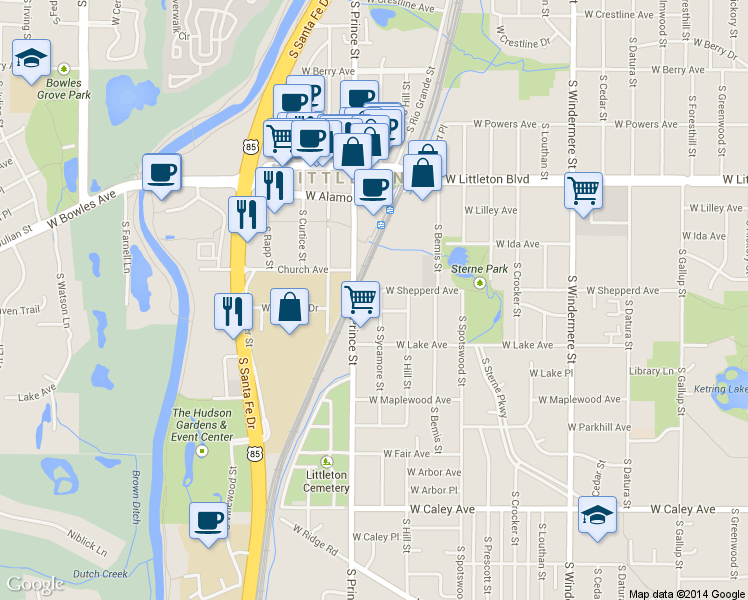 map of restaurants, bars, coffee shops, grocery stores, and more near 5941 South Sycamore Street in Littleton