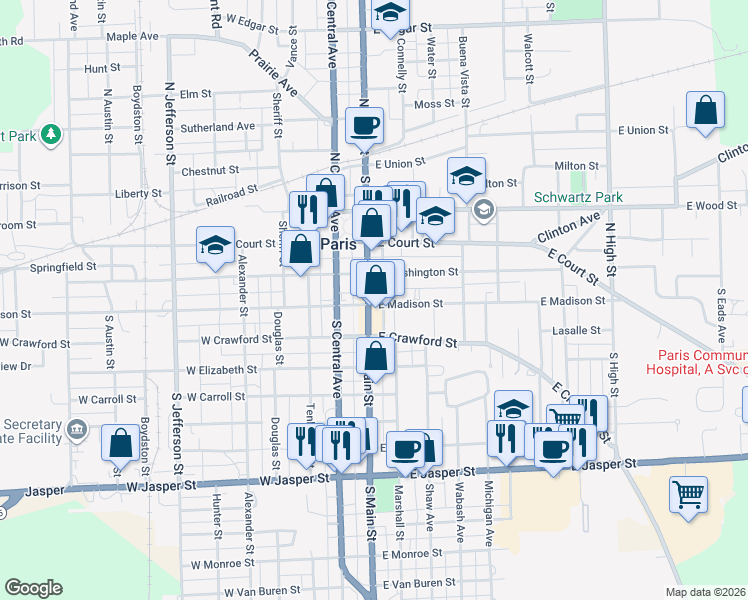 map of restaurants, bars, coffee shops, grocery stores, and more near 250 South Main Street in Paris