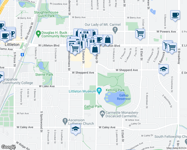 map of restaurants, bars, coffee shops, grocery stores, and more near 5957 South Gallup Street in Littleton