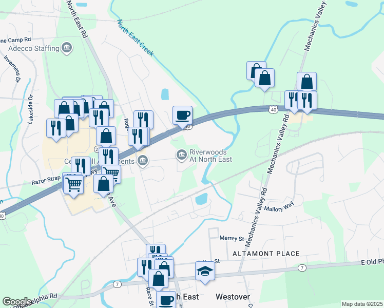map of restaurants, bars, coffee shops, grocery stores, and more near 800 Riverwoods Road in North East