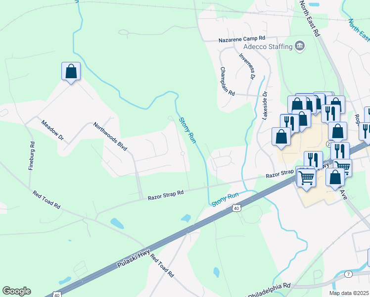 map of restaurants, bars, coffee shops, grocery stores, and more near 18 Stoney Run Creek Road in North East