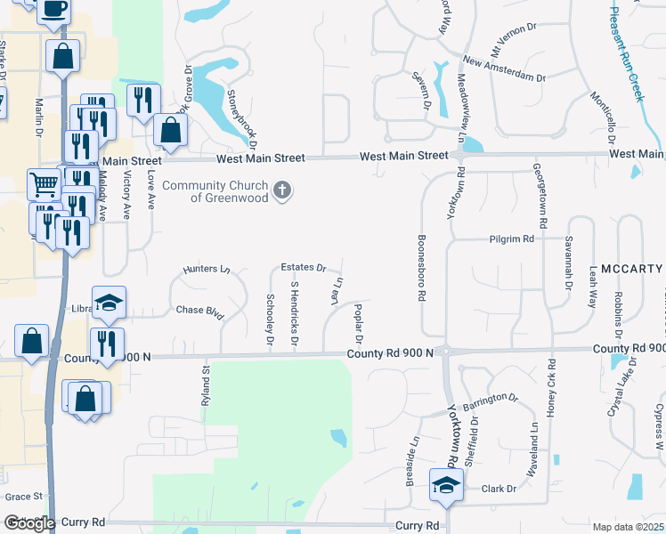 map of restaurants, bars, coffee shops, grocery stores, and more near 365 Lea Lane in Greenwood