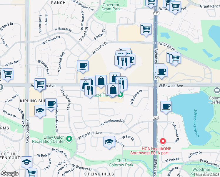 map of restaurants, bars, coffee shops, grocery stores, and more near 8906 West Bowles Avenue in Littleton