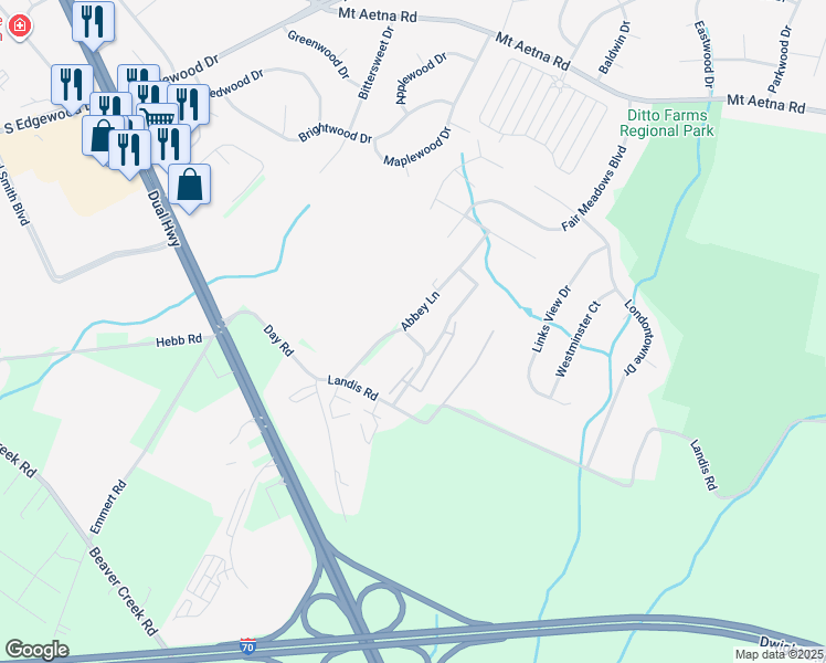 map of restaurants, bars, coffee shops, grocery stores, and more near 1876 Abbey Lane in Hagerstown