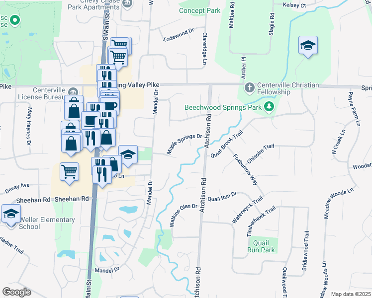 map of restaurants, bars, coffee shops, grocery stores, and more near 9211 Sugarbush Place in Dayton