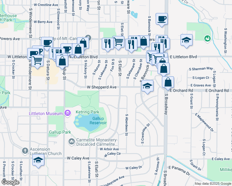 map of restaurants, bars, coffee shops, grocery stores, and more near 570 West Aberdeen Avenue in Littleton