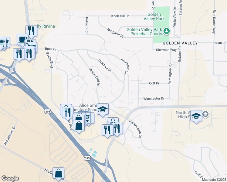map of restaurants, bars, coffee shops, grocery stores, and more near 7105 Quill Drive in Reno