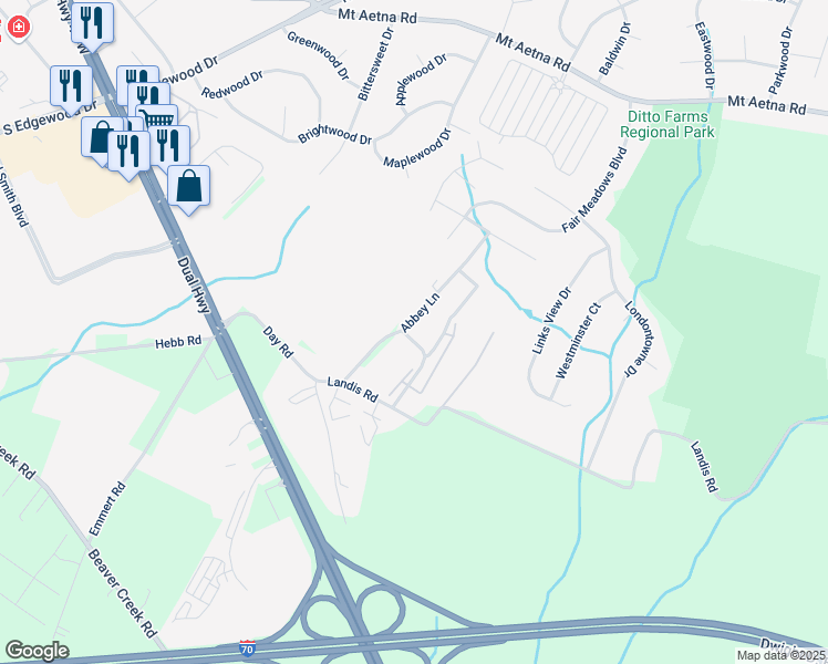 map of restaurants, bars, coffee shops, grocery stores, and more near 1874 Abbey Lane in Hagerstown
