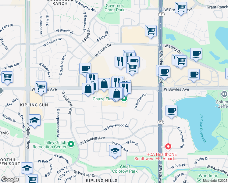map of restaurants, bars, coffee shops, grocery stores, and more near 8906 W Bowles Ave in Littleton