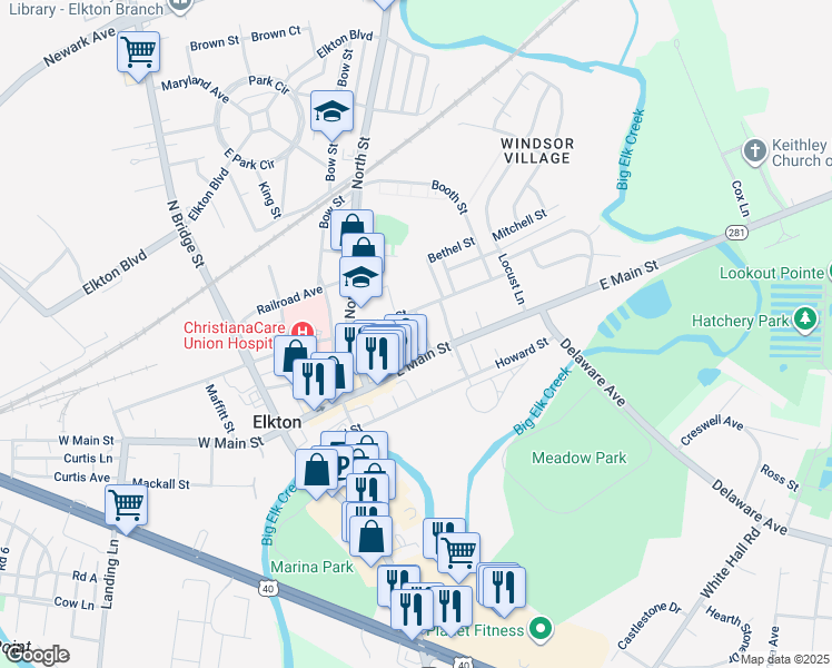 map of restaurants, bars, coffee shops, grocery stores, and more near 109 Church Street in Elkton