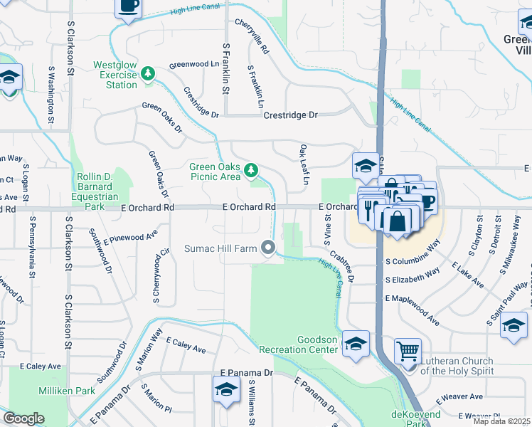 map of restaurants, bars, coffee shops, grocery stores, and more near 1854 East Lake Drive in Centennial