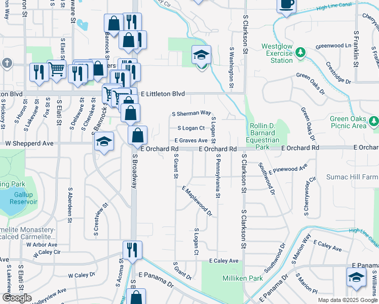 map of restaurants, bars, coffee shops, grocery stores, and more near 350 East Orchard Road in Centennial