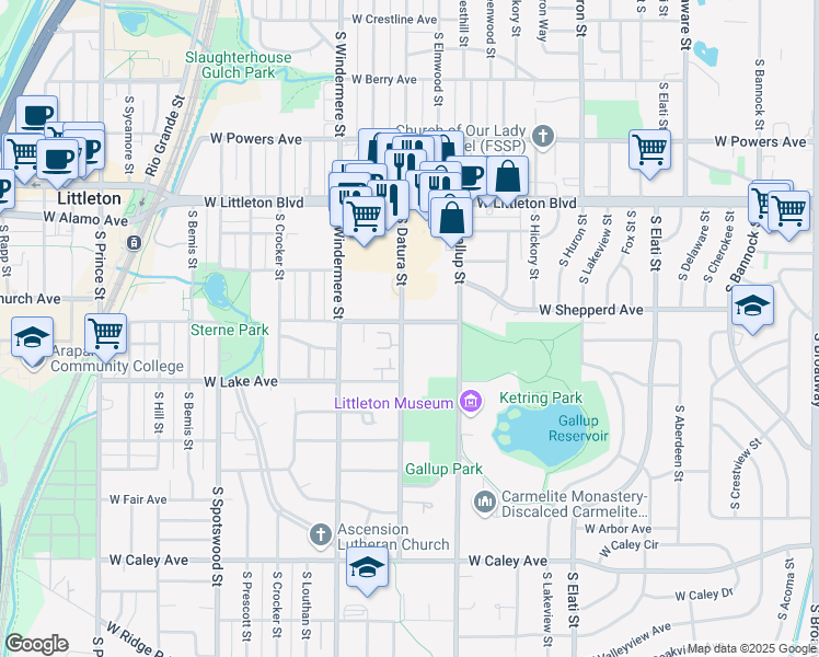 map of restaurants, bars, coffee shops, grocery stores, and more near 5909 South Datura Court in Littleton