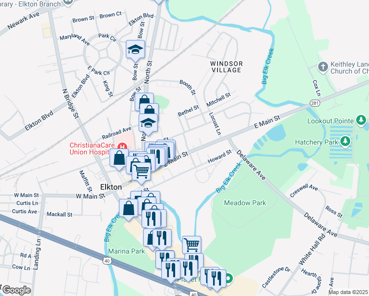 map of restaurants, bars, coffee shops, grocery stores, and more near 190 East Main Street in Elkton