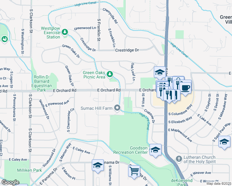 map of restaurants, bars, coffee shops, grocery stores, and more near 1854 East Lake Drive in Centennial