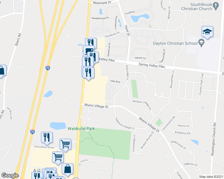 map of restaurants, bars, coffee shops, grocery stores, and more near 8935 Fox Glove Way in Miamisburg