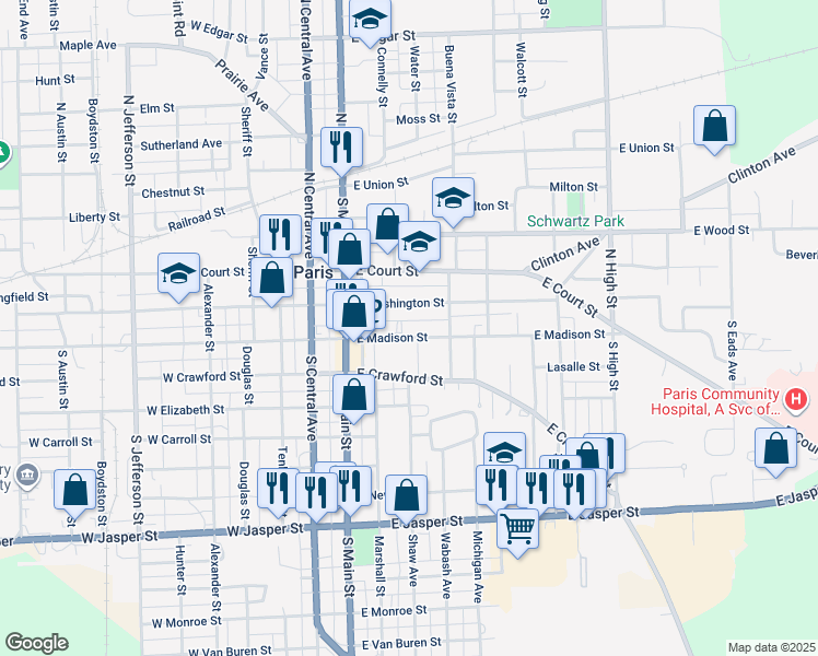 map of restaurants, bars, coffee shops, grocery stores, and more near 124 East Madison Street in Paris