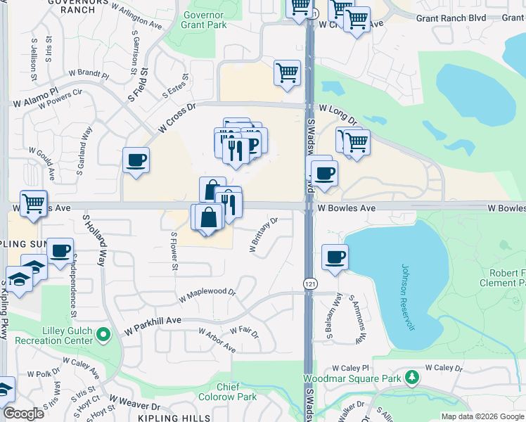 map of restaurants, bars, coffee shops, grocery stores, and more near 8611 West Brittany Drive in Littleton