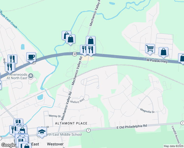 map of restaurants, bars, coffee shops, grocery stores, and more near 21 Augusta Loop in North East