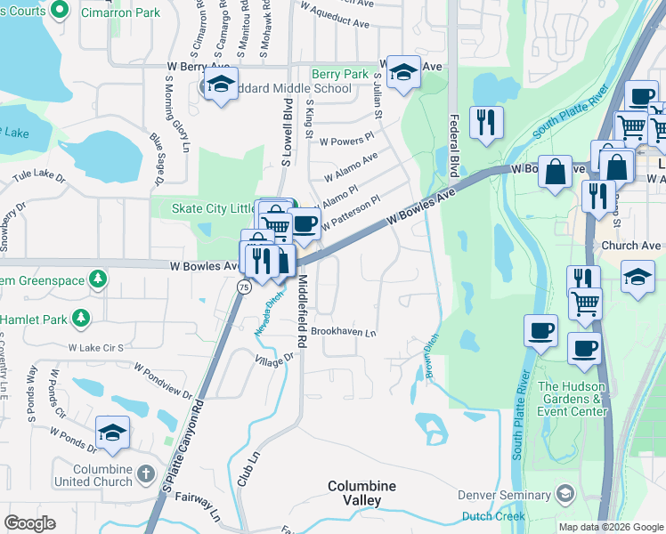 map of restaurants, bars, coffee shops, grocery stores, and more near 7 Brookhaven Trail in Littleton