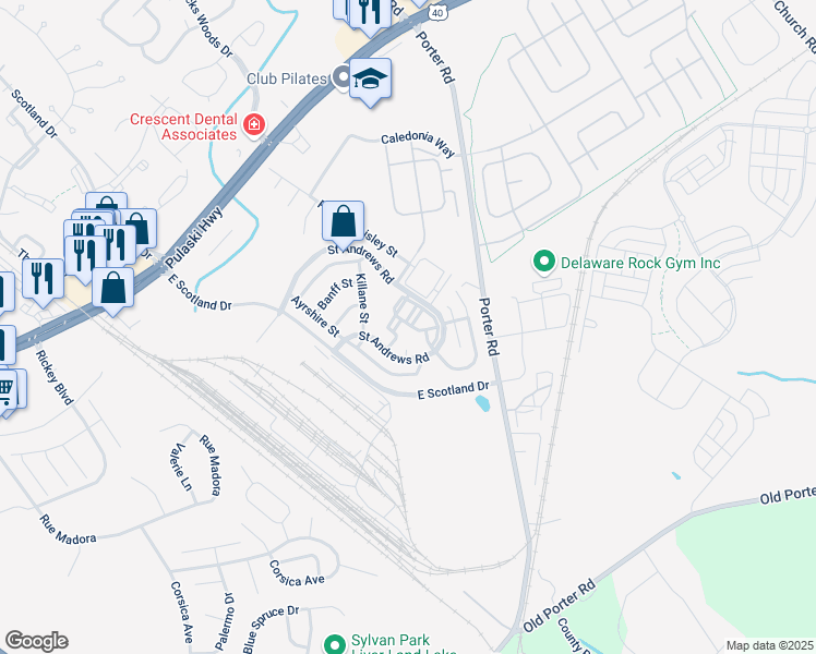 map of restaurants, bars, coffee shops, grocery stores, and more near 1226 King James Court in Bear