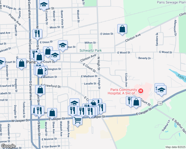 map of restaurants, bars, coffee shops, grocery stores, and more near 500-524 East Madison Street in Paris