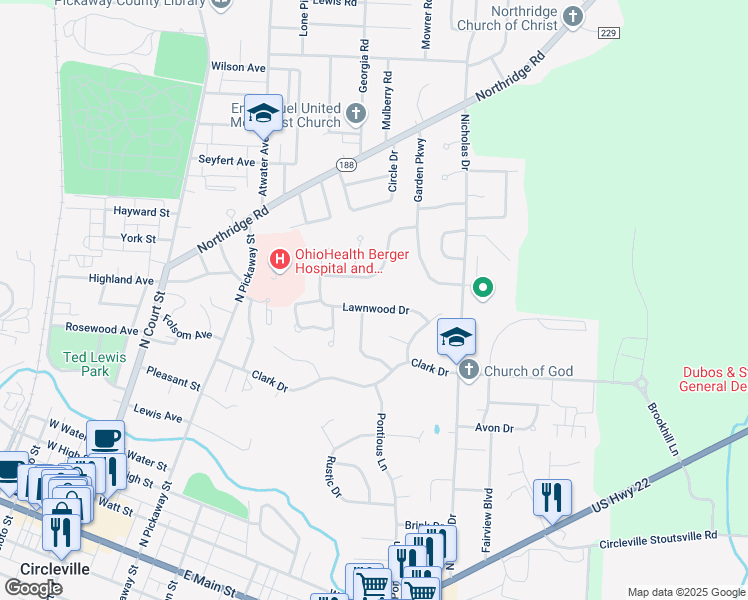map of restaurants, bars, coffee shops, grocery stores, and more near 369 Lawnwood Drive in Circleville