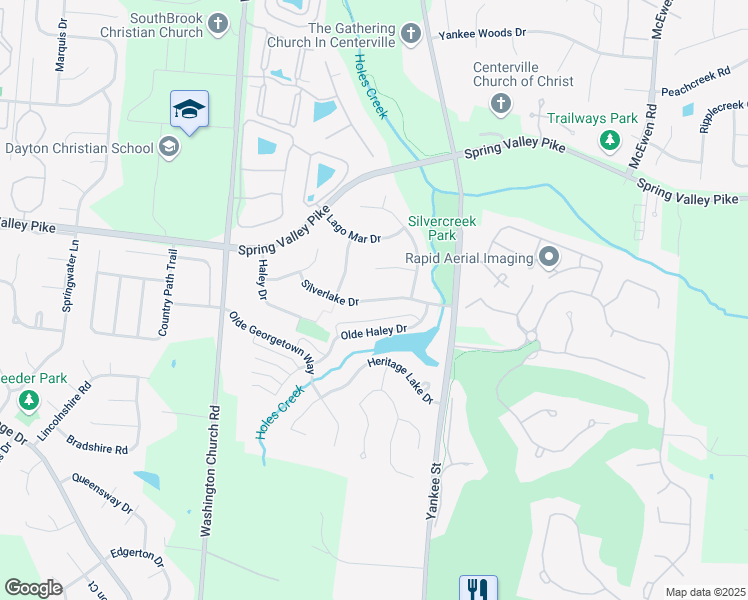 map of restaurants, bars, coffee shops, grocery stores, and more near 1548 Silverlake Drive in Dayton