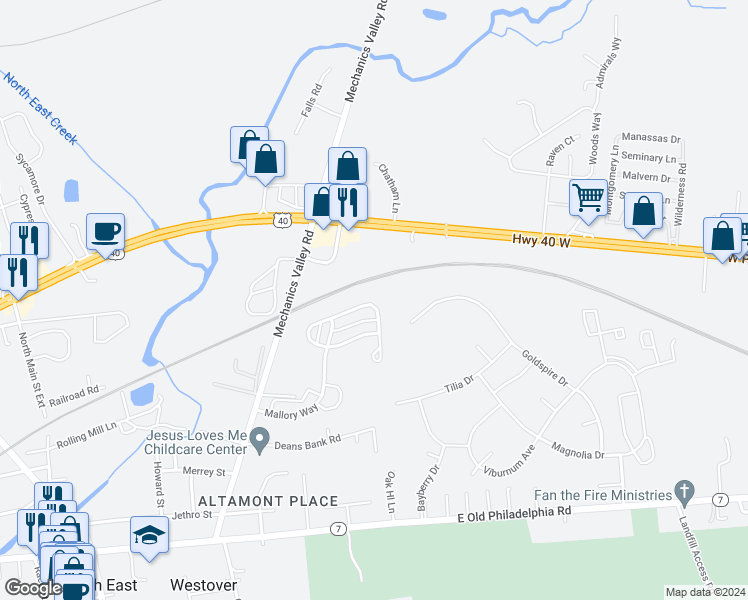 map of restaurants, bars, coffee shops, grocery stores, and more near 26 Augusta Loop in North East