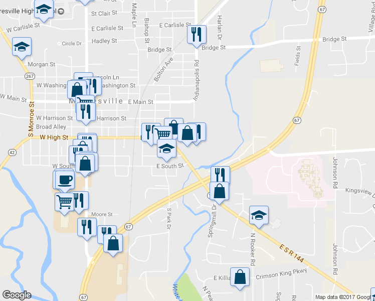 map of restaurants, bars, coffee shops, grocery stores, and more near 340 -350 E High St in Mooresville