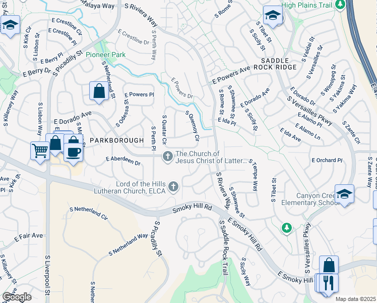 map of restaurants, bars, coffee shops, grocery stores, and more near 5884 South Quemoy Circle in Centennial