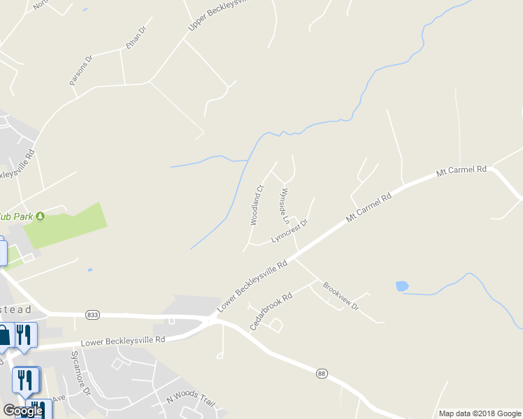 map of restaurants, bars, coffee shops, grocery stores, and more near 1209 Woodland Court in Hampstead