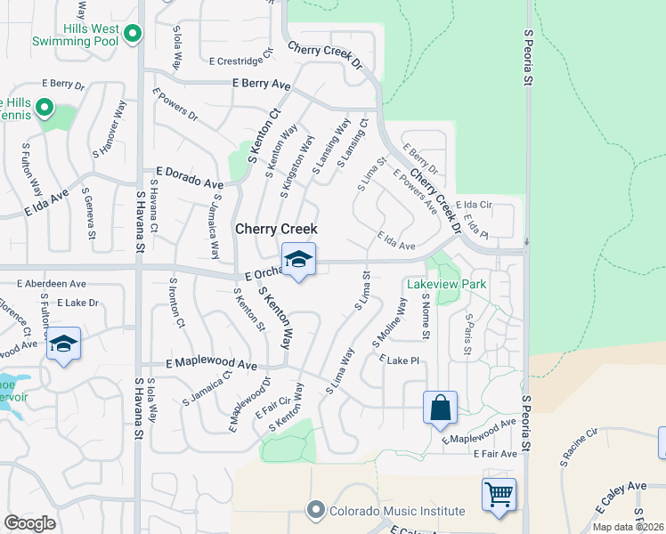map of restaurants, bars, coffee shops, grocery stores, and more near Cherry Creek North Drive in Denver
