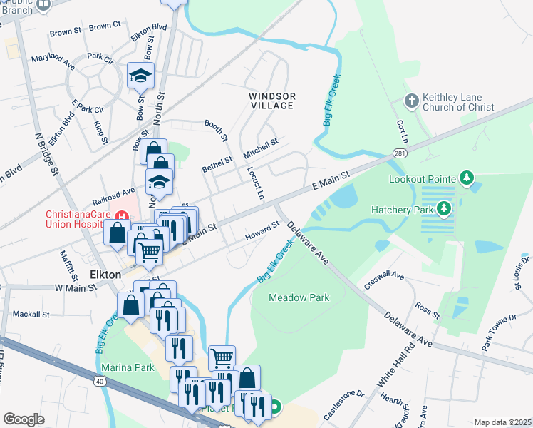 map of restaurants, bars, coffee shops, grocery stores, and more near 233 Howard Street in Elkton